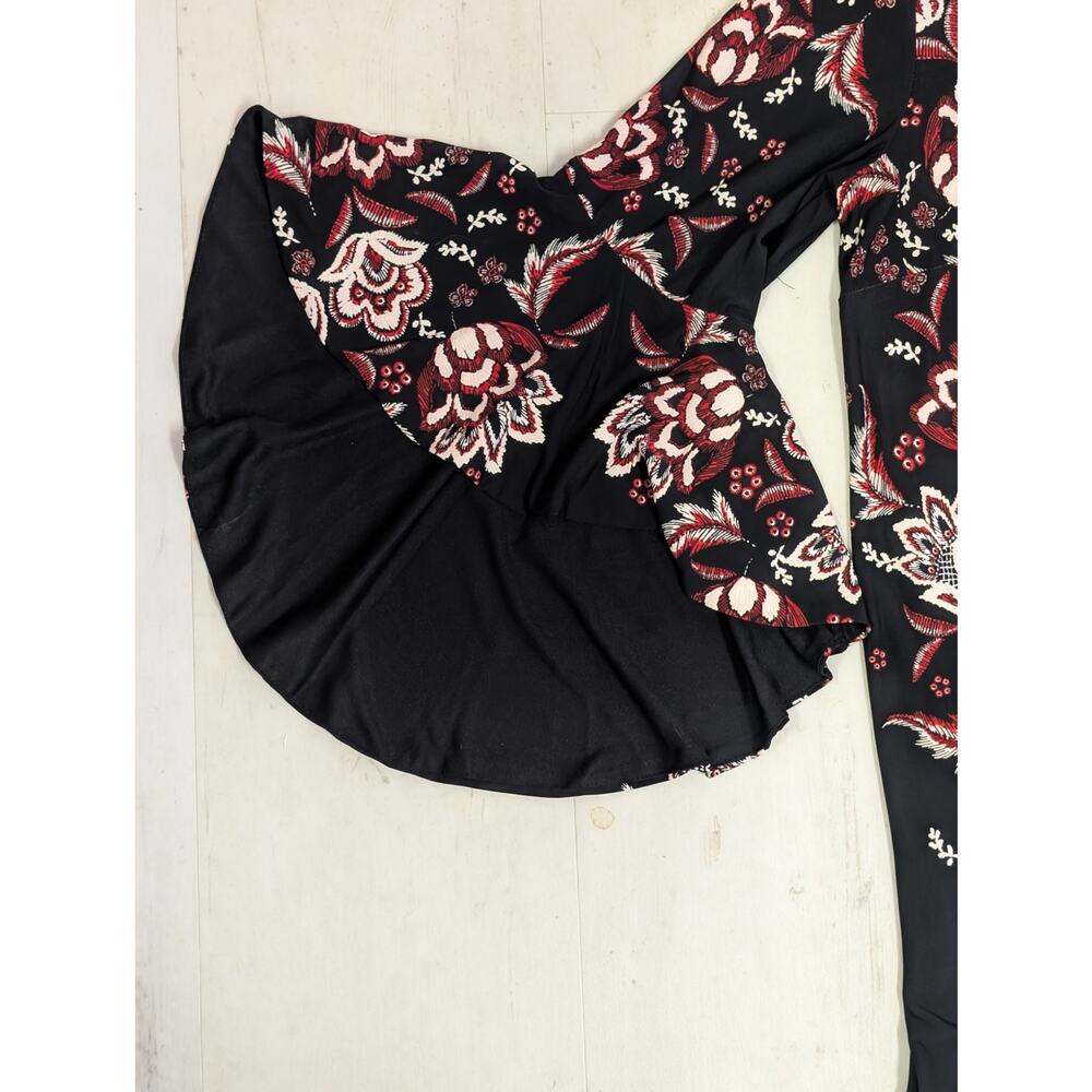 Black Floral Fit & Flare Dress Bell Sleeves Roz & Ali XL Boho Stretch Whimsigoth - Picture 4 of 8